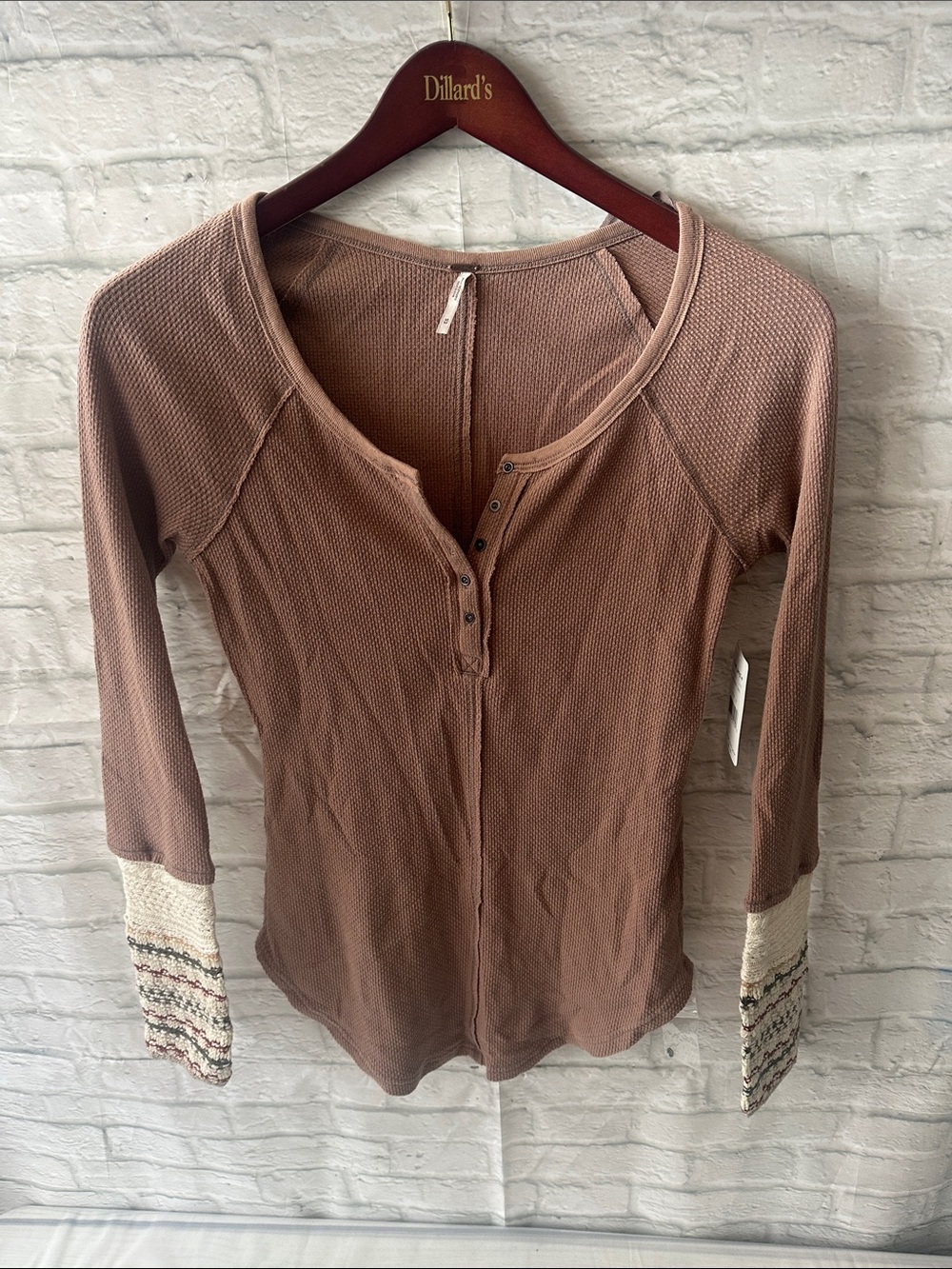 Free People Brown Waffle Henley with Cream Contrast Cuffs